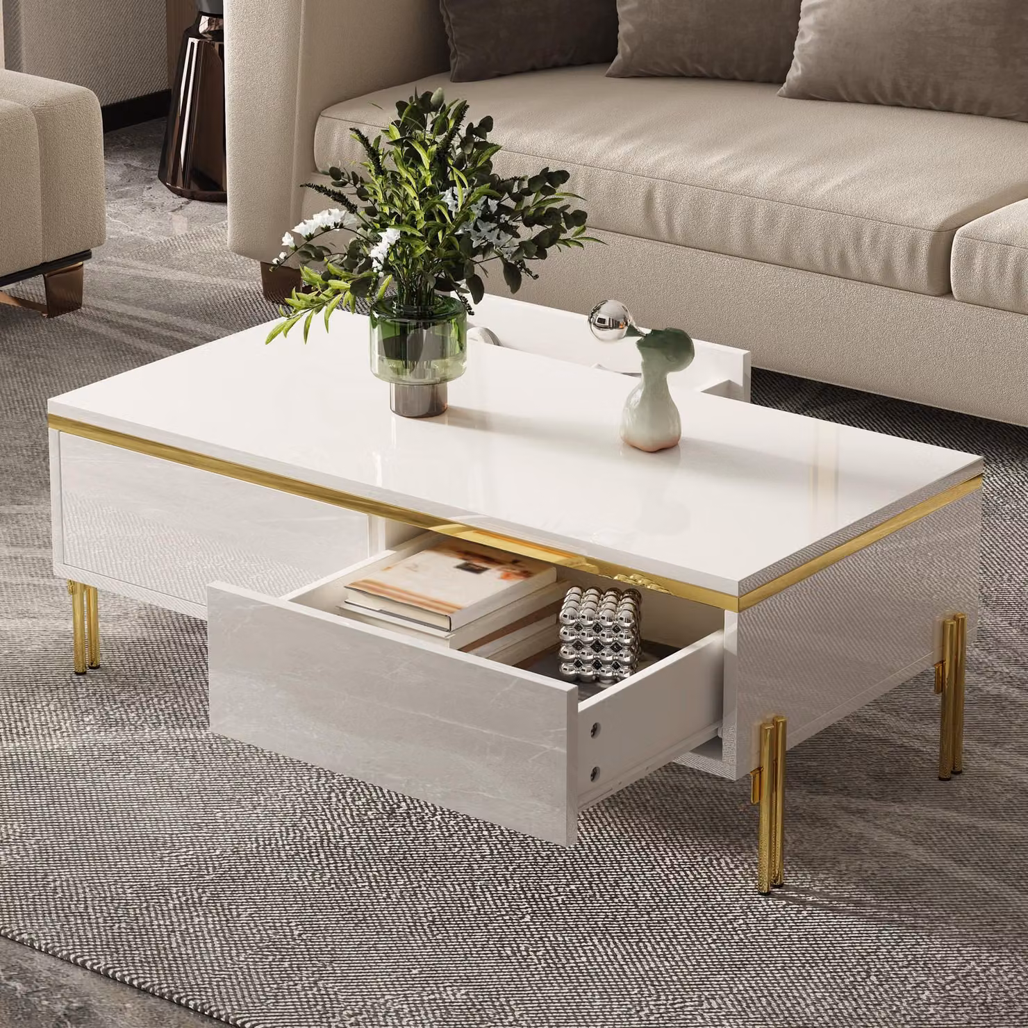 Aosom UK White and Gold Rectangular Coffee Table with 2 Hidden Drawers, W: 100 cm, D: 50 cm, H: 36 cm – 4