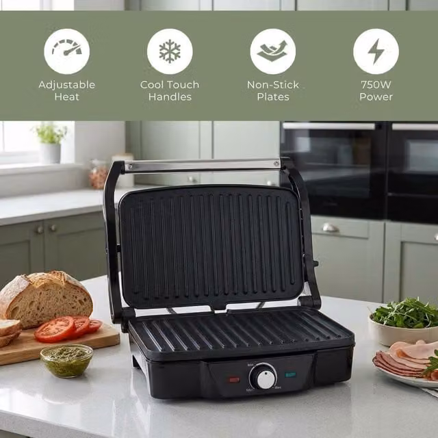 Melissa 1600W Panini and Table Grill in Black and Silver with Stainless Steel Top Housing