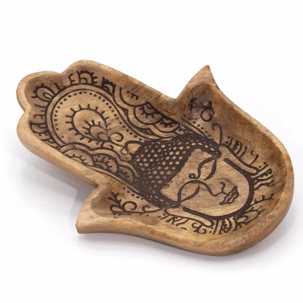KDMD Hamsa and Buddha Engraved Rectangular Wooden Long Tray in Black and Brown, W: 30 cm, D: 20.5 cm – 2