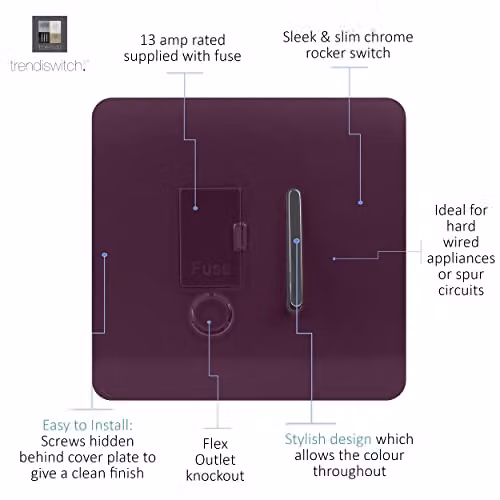 Trendi Switch Modern Glossy Single 13 A Fused Spur Connection Unit with Flex Outlet and Chrome Rocker in Plum Purple – 2