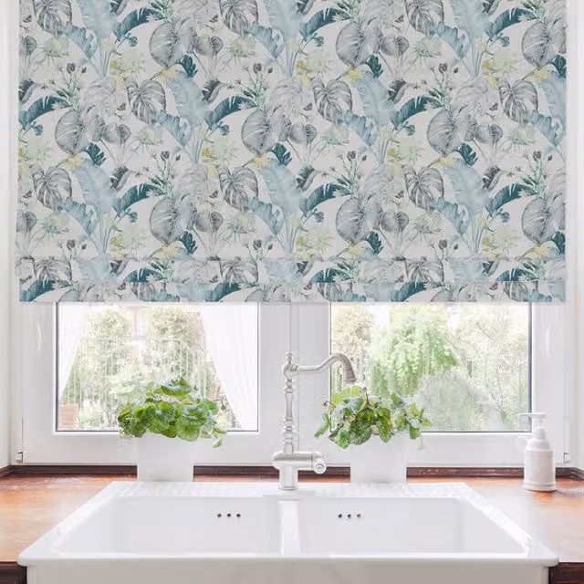 Terrys Snape Made to Measure Blackout Roman Blind in Slate Blue and Grey Floral Design