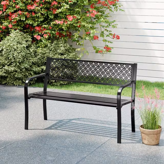 Costway Modern Metal Porch Loveseat Garden Bench in Black