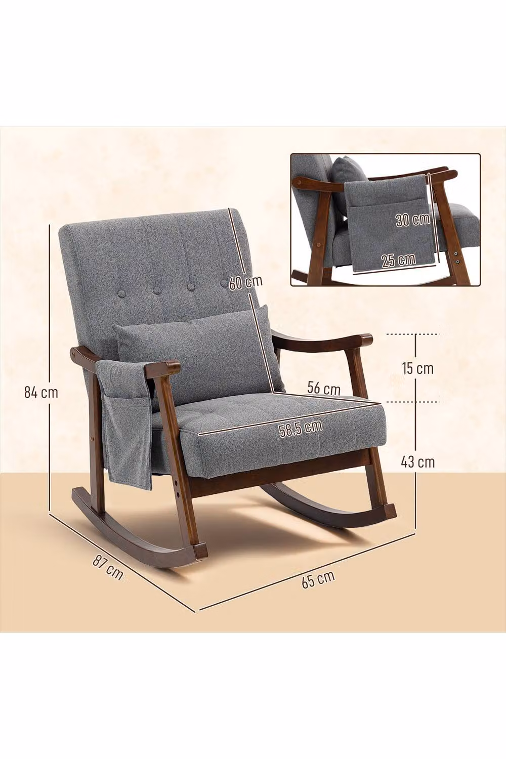 ERGOVEXA Grey Fabric Rocking Accent Chair with Solid Rubberwood Frame – 2