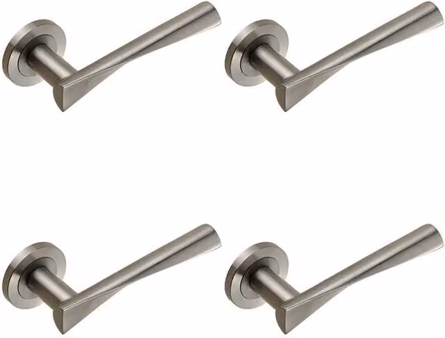 Loops 4 Pair Angular Twisted Lever on Round Rose Concealed Fix Satin Brushed Stainless Steel Silver Door Handles