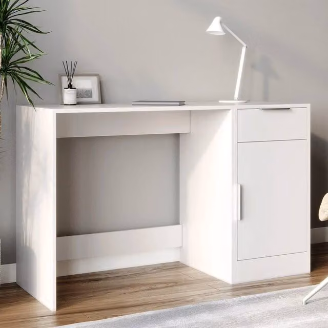 ERGOVEXA Compact White PC Storage Desk and 1 Door 1 Drawer Cabinet Workstation Combo – 1