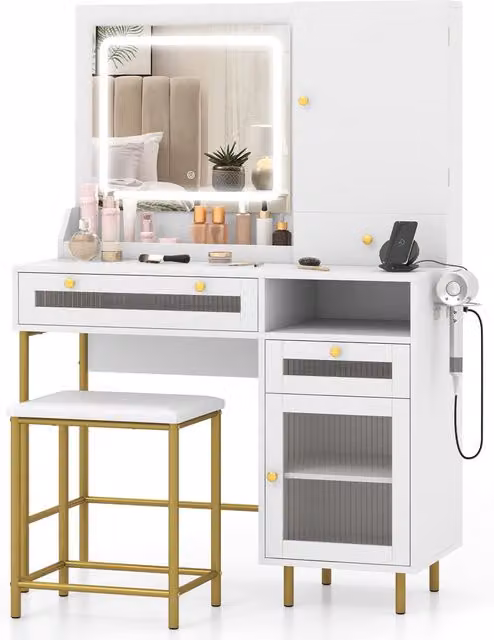 Costway Modern White Vanity Set with Hollywood LED Lighting and Cabinet – 1