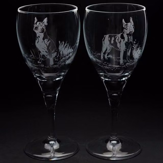 Glyptic Glass Art Boston Terrier Wine Glass in Transparent Glass