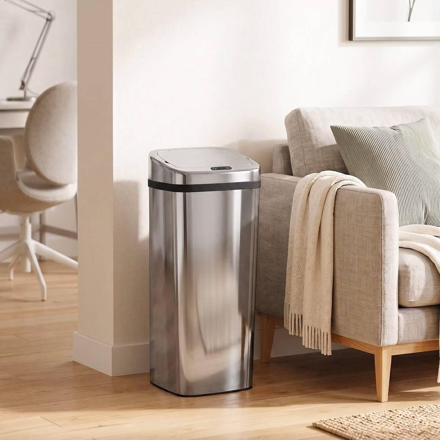 HOMCOM 50L Infrared Touchless Automatic Motion Sensor Dustbin in Silver Stainless Steel – 5
