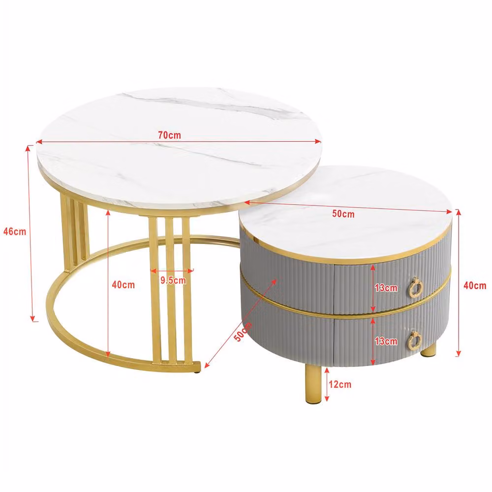 Merax Modern 2-Piece Nesting Coffee Table Set with Grey Marble Effect Round Tops – 2