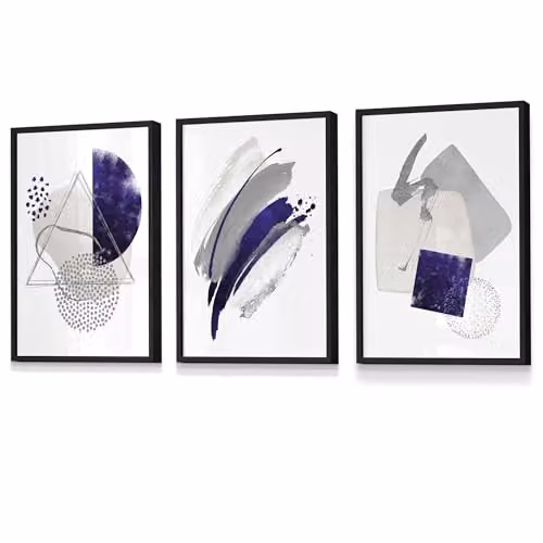 ARTZE Set of 3 Abstract Purple and Grey Geometric Wall Art with Black Frames, W: 33 cm, H: 45 cm, D: 2 cm – 2