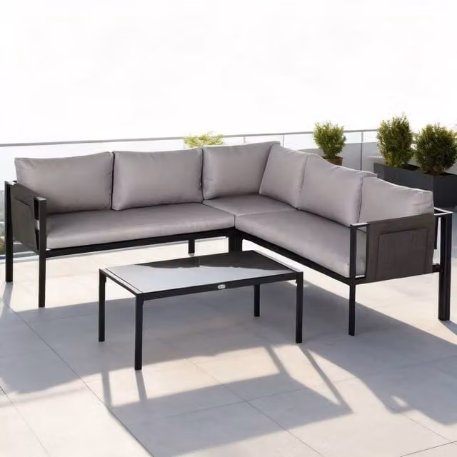 ERGOVEXA 5 Seater L-Shape Garden Corner Sofa Set with Coffee Table in Light Grey – 1
