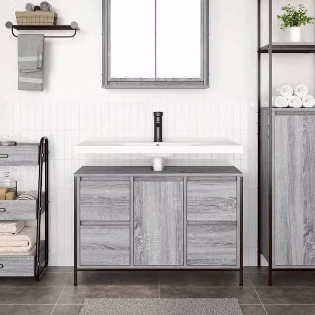 Berkfield Home Decorative Basin Cabinet with Drawers, Grey Sonoma, W: 90 cm, D: 34.5 cm, H: 60 cm