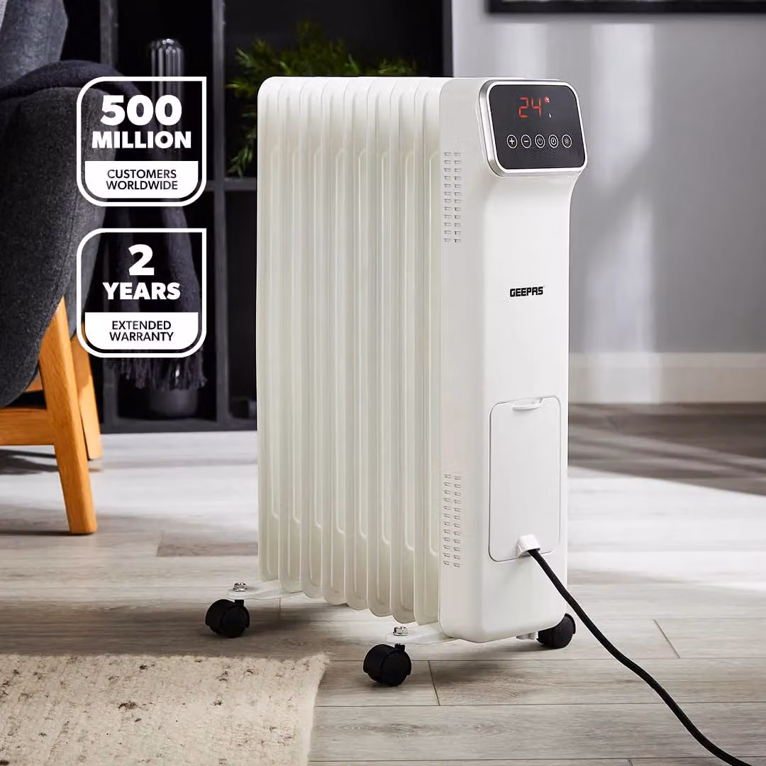 Geepas 2000W Digital Oil Filled Radiator Heater with Remote Control and Adjustable Thermostat in White, H 61.0 cm x W 36.0 cm x D 14.0 cm – 2