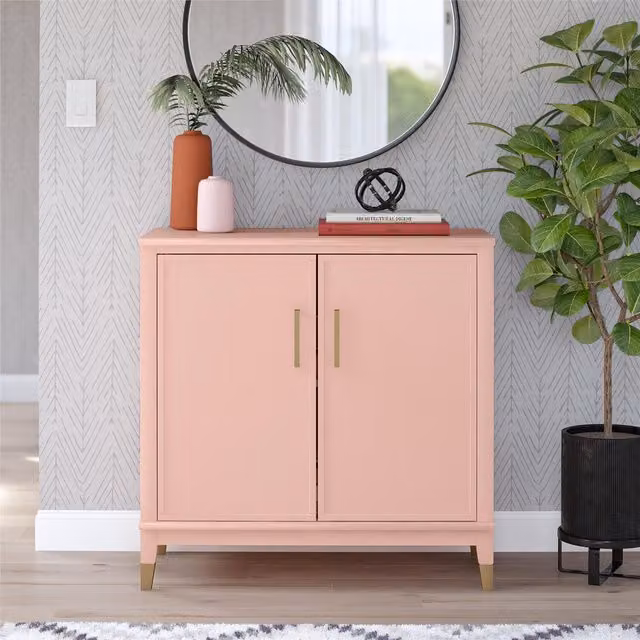 CosmoLiving Pink and Gold Lacquered Accent Cabinet with Internal Shelves
