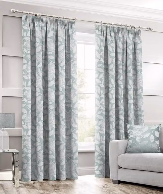 Intimates Luxury Leaf Jacquard Floral Curtain Pair in Petrol Blue, Thermal Insulating, W: 182.88 cm, H: 228.6 cm