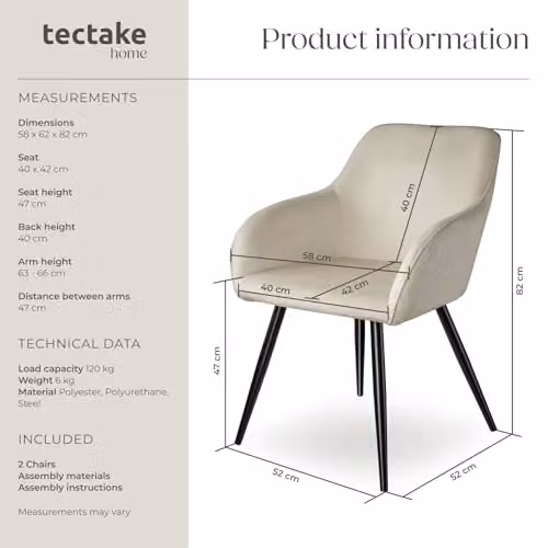 tectake Marilyn Set of 2 Velvet Dining Chairs with Armrests in Cream and Black – 2