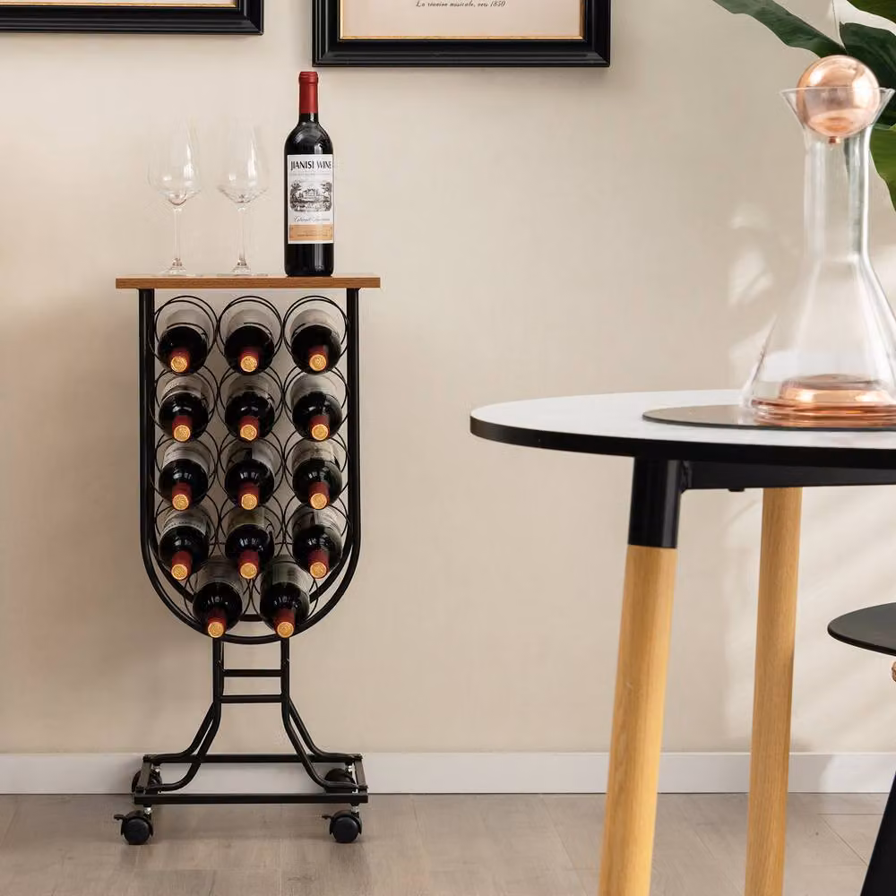 Gymax Rustic Black Wine Rack with Wheels, 14 Bottle Storage Organiser – 5