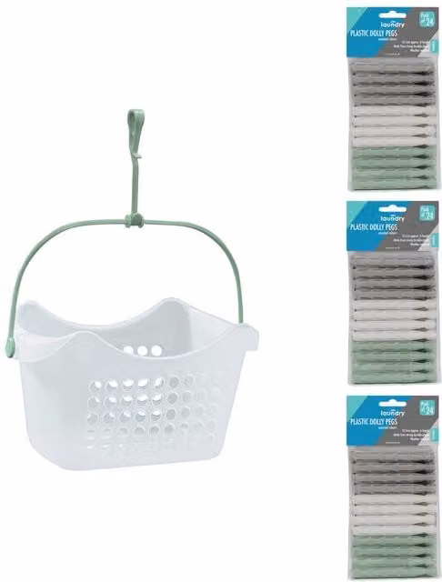 JVL Peg Basket with 72 Plastic Dolly Pegs in Assorted Grey, White and Green