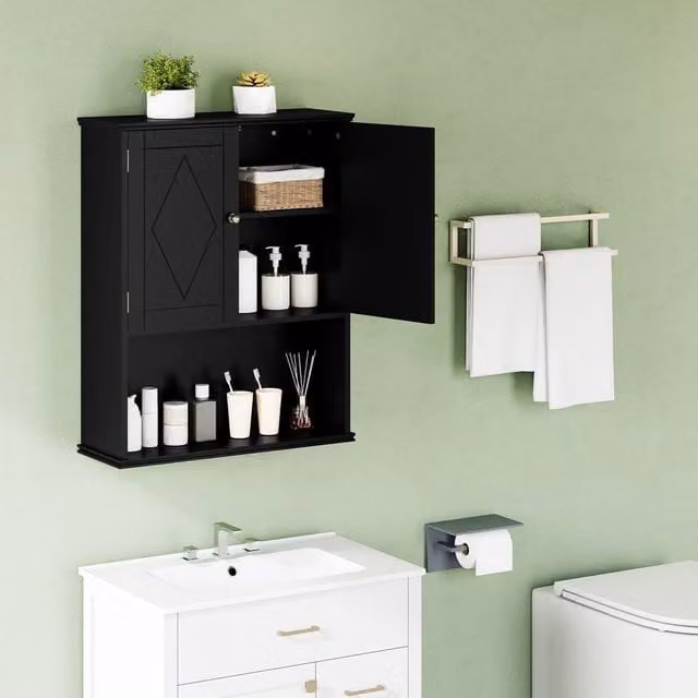 Costway Black Wooden Wall Mounted 2-Door Bathroom and Kitchen Medicine Cabinet with Internal Shelves – 1