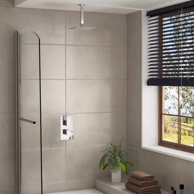Royal Bathrooms Elegance Square Concealed Thermostatic Shower Mixer Set with Ceiling Mounted Arm and Shower Head in Chrome
