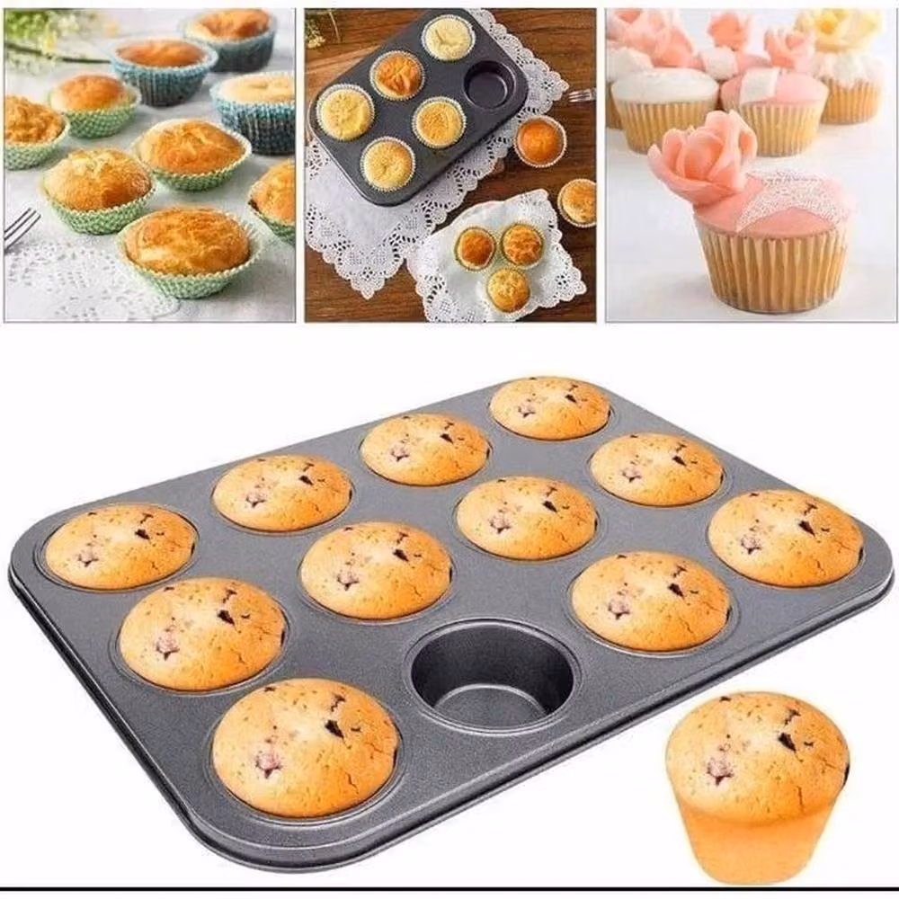 VOGREX 12 Cup Non-Stick Carbon Steel Muffin Tray, Grey – 6