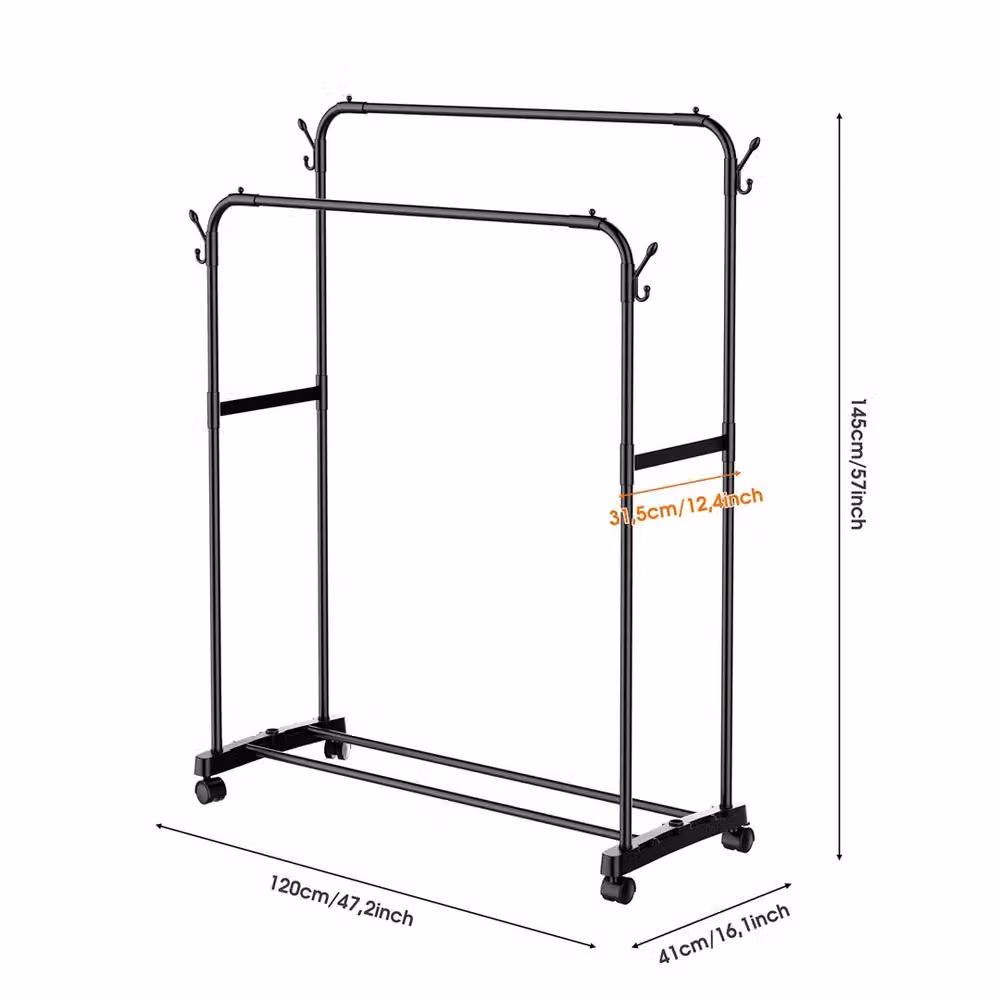 Kelvenix Heavy Duty Double Clothes Rail Hanging Rack with Wheels in Matt Black, H 145 cm x W 50 cm x D 50 cm – 2