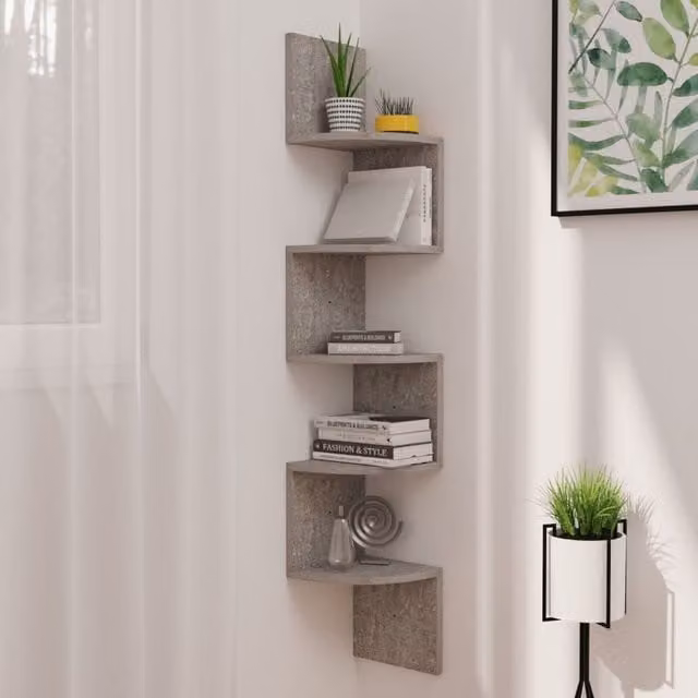Berkfield Home Wall Mounted Corner Shelf in Concrete Grey, W/D/H: 19 x 19 x 123 cm