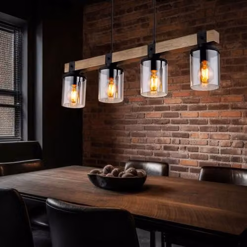 Globo Lighting Industrial Cylindrical Pendant Light with Smoky Grey Glass Shades and Wood Accents in Black and Dark Brown, Height: 133 cm, 4x E27 Bulbs – 4