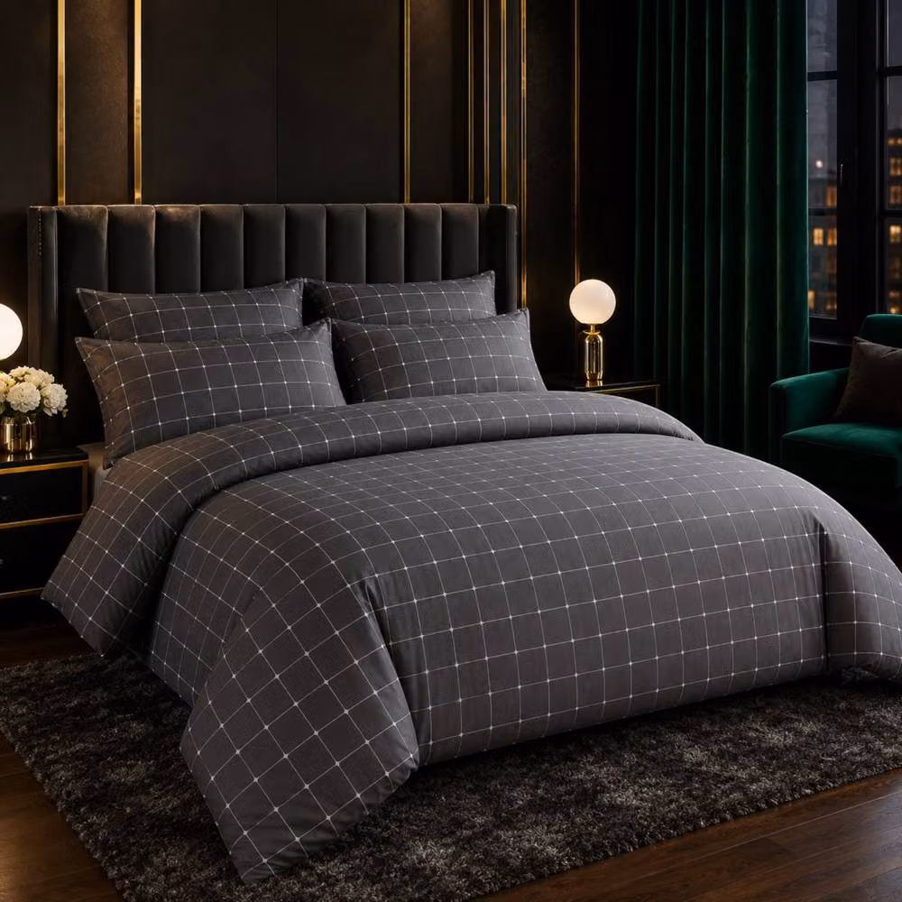 Pamposh Single Reversible Checked Microfibre Duvet Cover Set in Charcoal Grey – 2