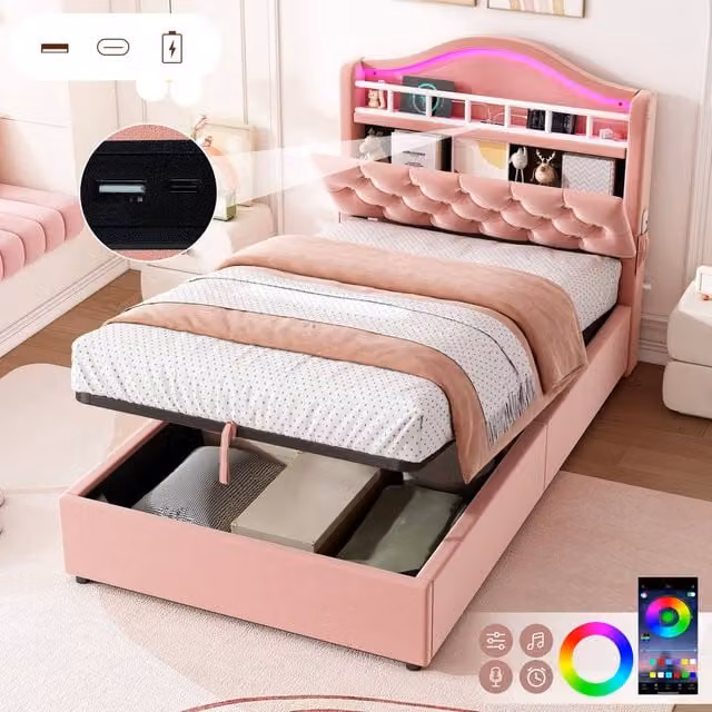 Matteo Pink Velvet Single Hydraulic Storage Bed Frame with LED Lighting and USB Charging Ports, W/D/H: 200 x 90 x 122 cm