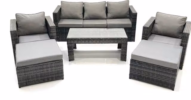 Fimous 7 Seater Rattan Garden Furniture Set in Dark Grey with Sofa, Coffee Table, 2 Armchairs and 2 Footstools – 1