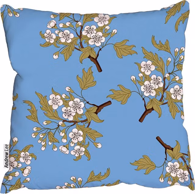 Andrew Lee Ornate Branches of Hawthorn Blossom Floral Square Cushion, Blue, W: 60 cm x H: 60 cm