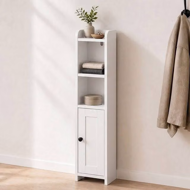 Levede Slim Corner Bathroom Storage Cabinet in White with Adjustable Shelves and Hinged Doors