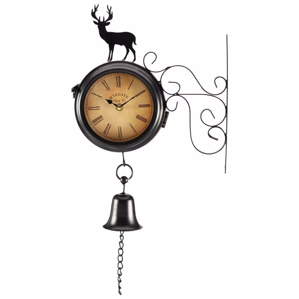 FLAVORA Vintage Round Metal Outdoor Wall Clock with Thermometer in Black – 1