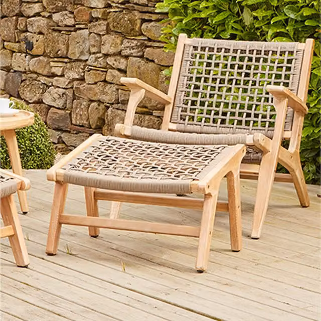 Pacific Lifestyle Scandinavian Outdoor Lounge Chair and Footstool Set in Brown and Beige Wood