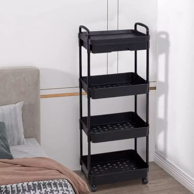 EONLION A-3 Black Plastic 3-Tier Mobile Storage Shelf Rack with Wheels – 1