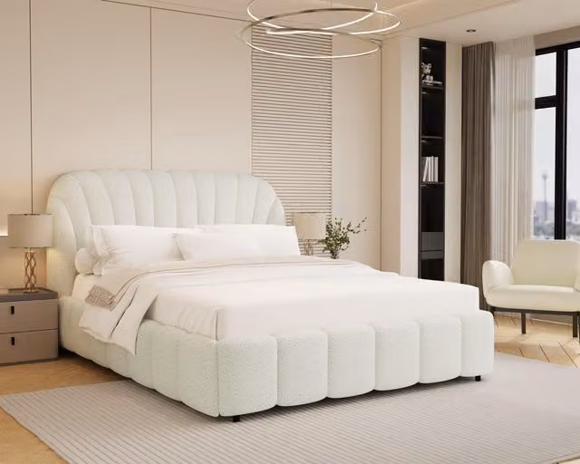 Modish Furnishing Aurora White Boucle Upholstered Ottoman Storage Bed, W/D/H: 180 x 200 cm