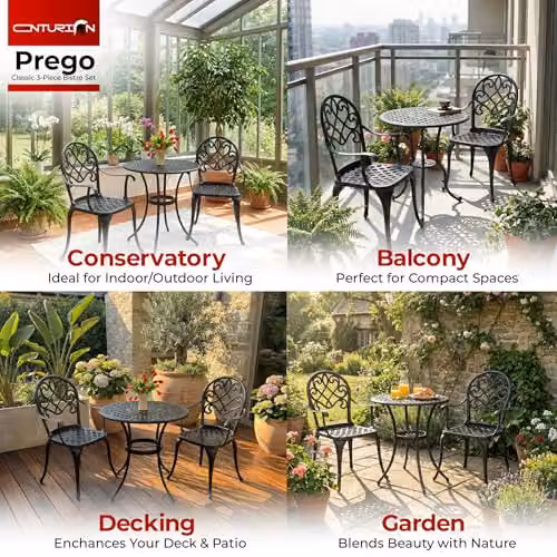 Centurion Supports PREGO 3-Piece Classic Garden Bistro Set in Black Metal with Powder-Coated Finish – 3