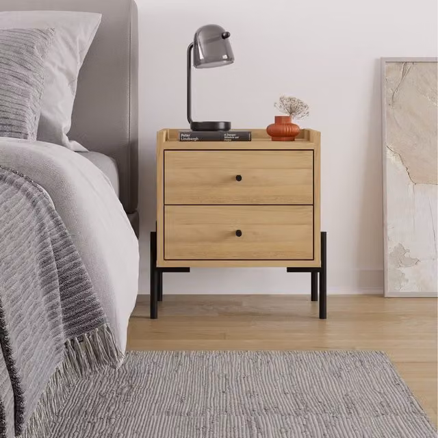 Decortie Malta Modern 2-Drawer Bedside Table in Oak