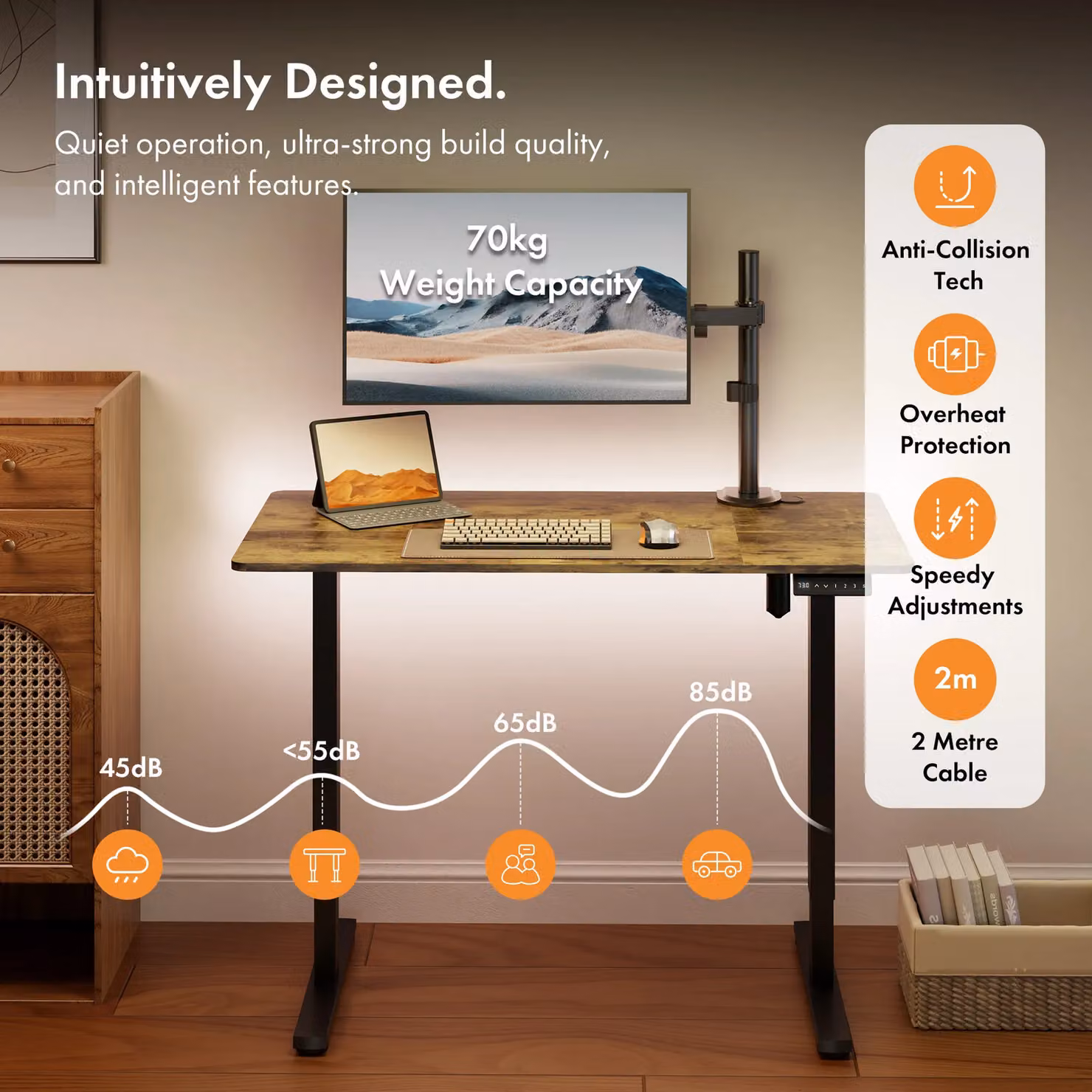 VonHaus Electric Height Adjustable Standing Desk with USB-C Charging in Matt Dark Brown – 4