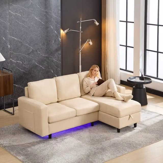 Matteo L-Shaped 3 Seater Sofa Bed with Storage, USB Charging and LED Lighting in Beige