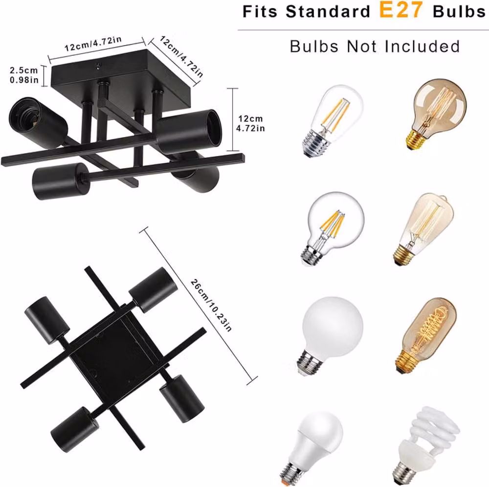 COMELY Black Sputnik Industrial Ceiling Light, 4-Light Metal Lamp with E27 Dimmable LED Compatibility – 3