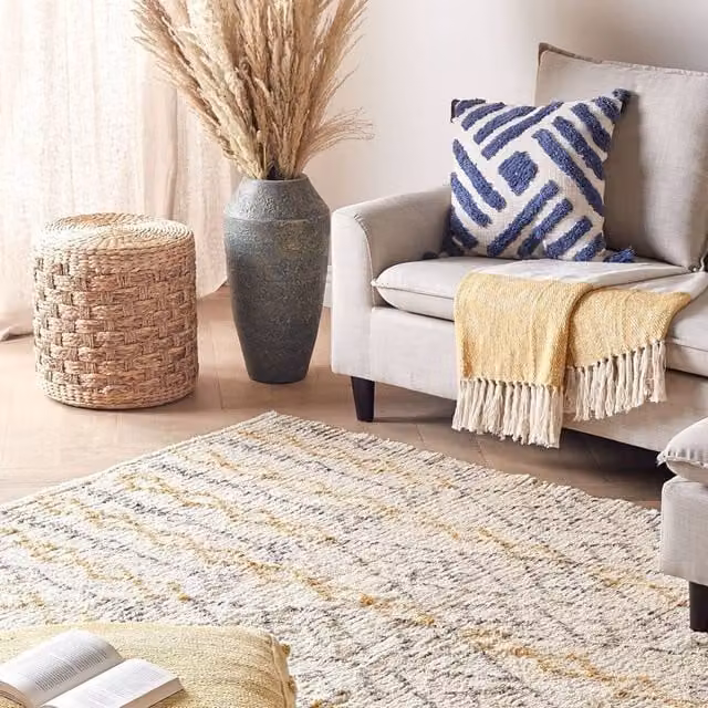 Wyld and Coco Beige Hand-Tufted Cotton Geometric Rug in Yellow and Black, W: 140 cm, L: 200 cm
