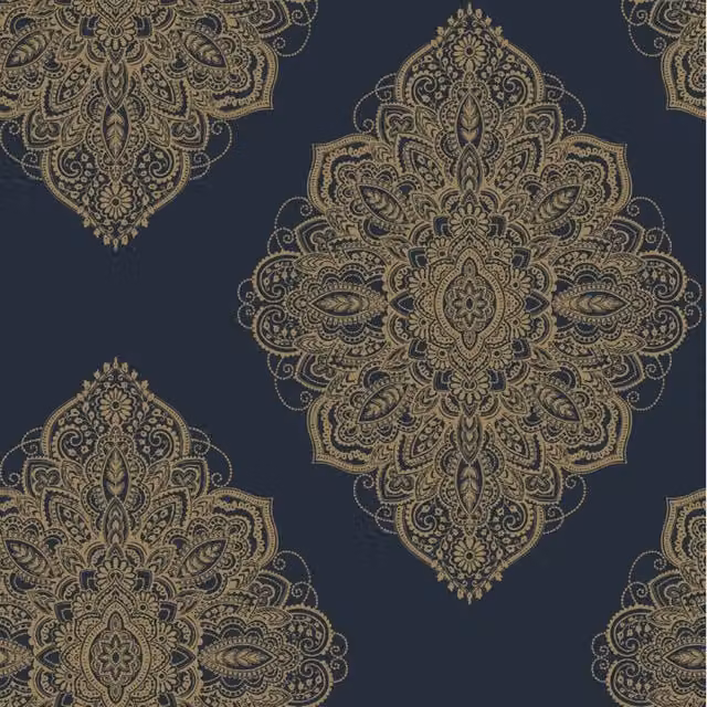 Arthouse Henna Damask Shimmer Oriental Floral Wallpaper in Navy Blue, Gold and Grey