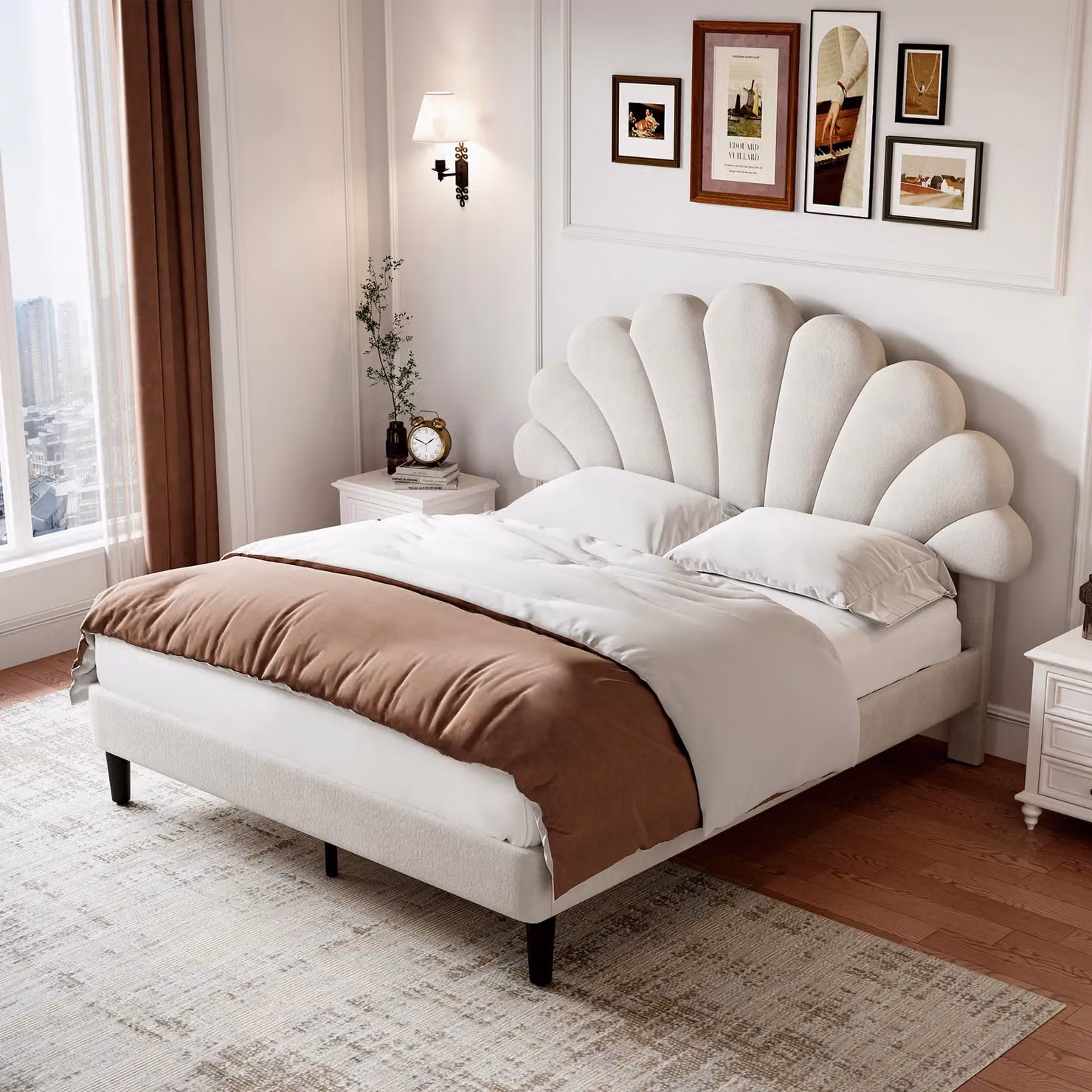 Matteo Luxury Beige Velvet Upholstered Double Bed Frame with Adjustable Petal Headboard and Solid Wood Slats, W/D/H: 140 x 200 cm – 2