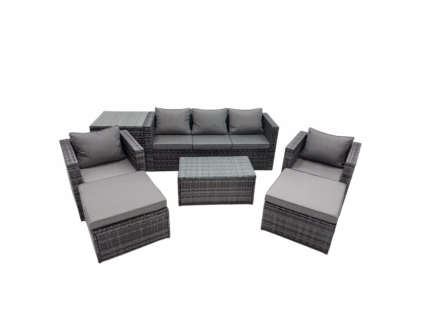 Fimous 7-Seater Patio Coffee Table Sofa Set with Side Table and 2 Large Footstools in Dark Grey – 2
