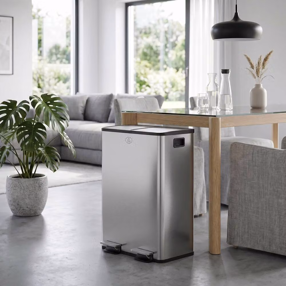 STILVORA Dual Kitchen Bin with Pedal Lid and Odour Filter, 56L, Silver Stainless Steel – 8