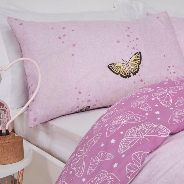 Dreamscene Butterfly Heaven Reversible Duvet Cover and Pillowcase Set, Purple, Single, W/D/H: 90 x 190 cm