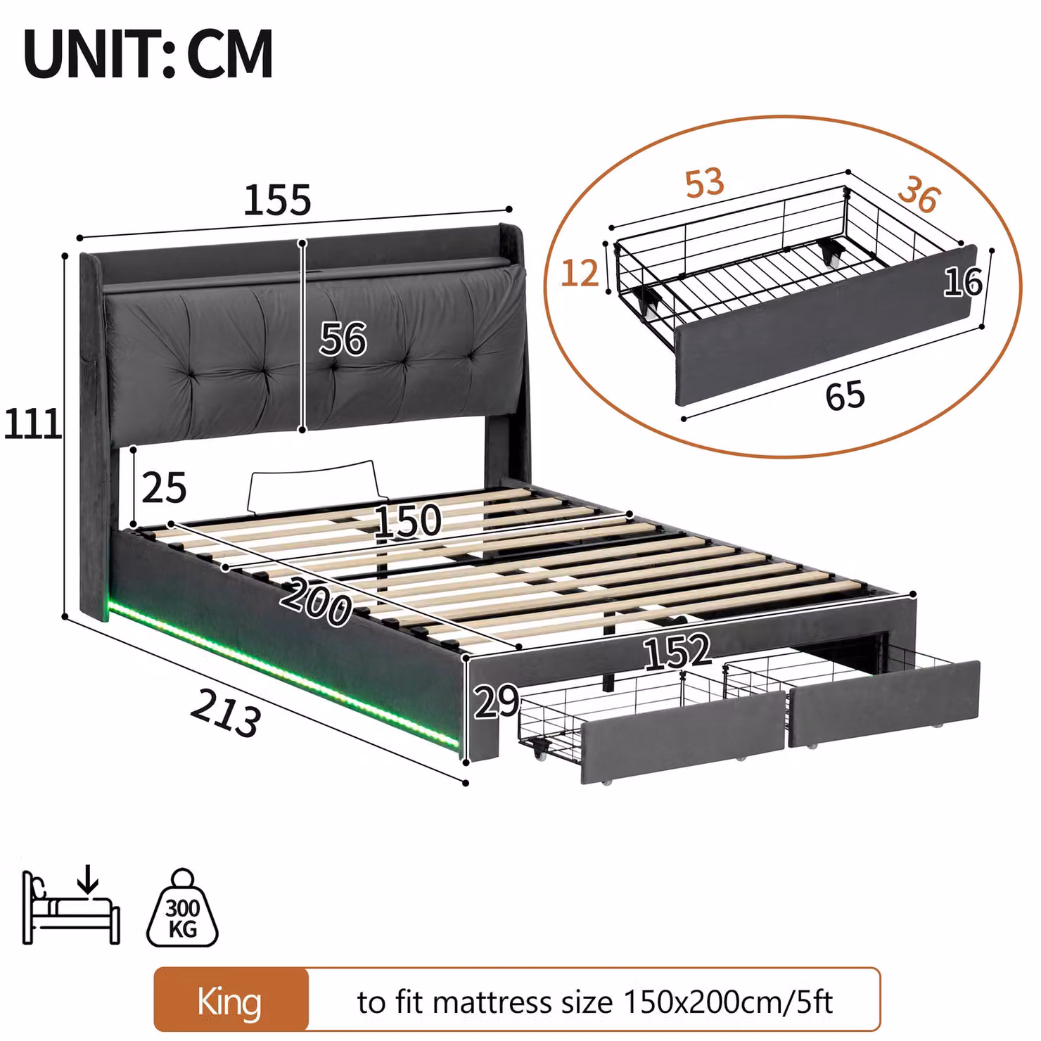 Aosom UK 5ft King Ottoman Bed Frame with Two Drawers and Side Pockets, Grey Velvet Upholstered Headboard, W/D/H: 155 x 213 x 111 cm – 3