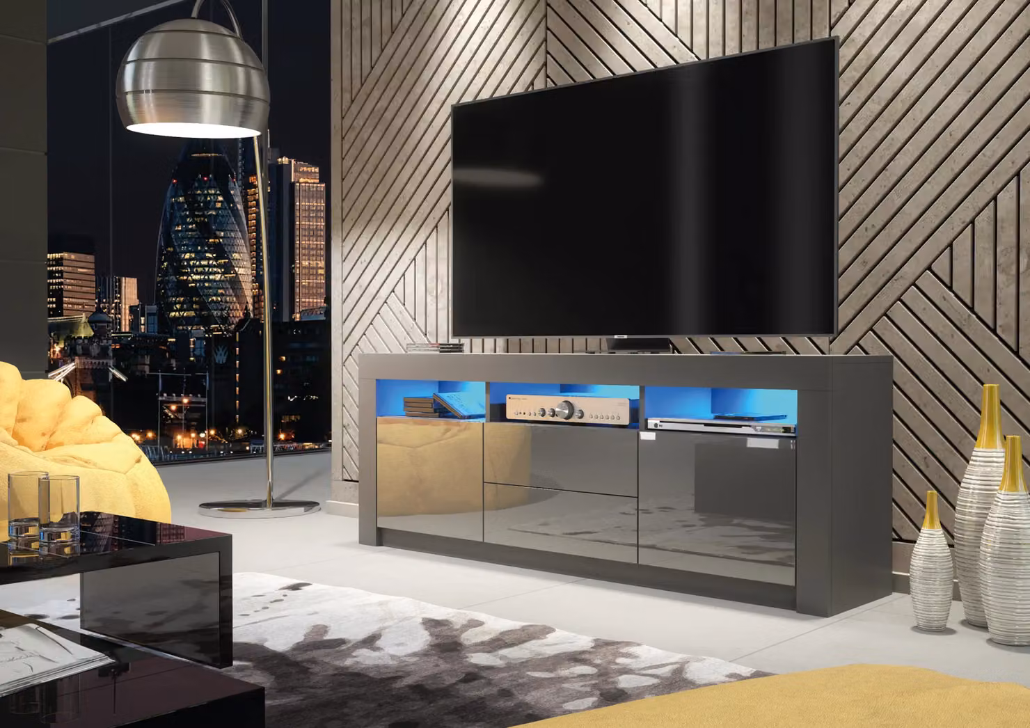 Mex Furniture LTD Modern TV Unit with Glossy Doors in Dark Grey, W/D/H: 160 x 35 x 60 cm – 3